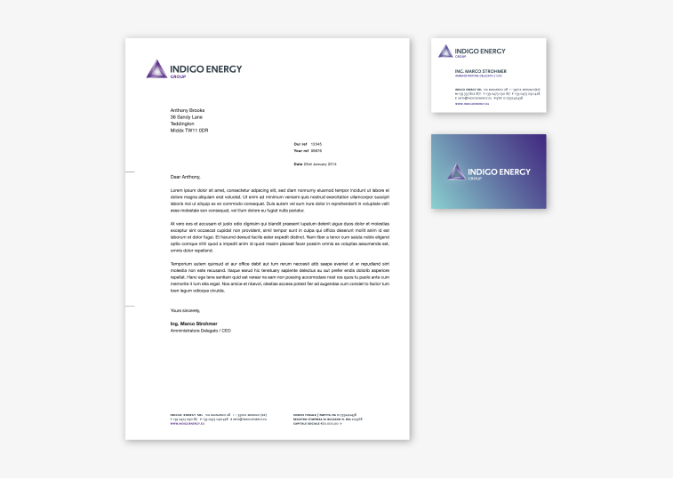 Indigo Energy Group letterhead and business card